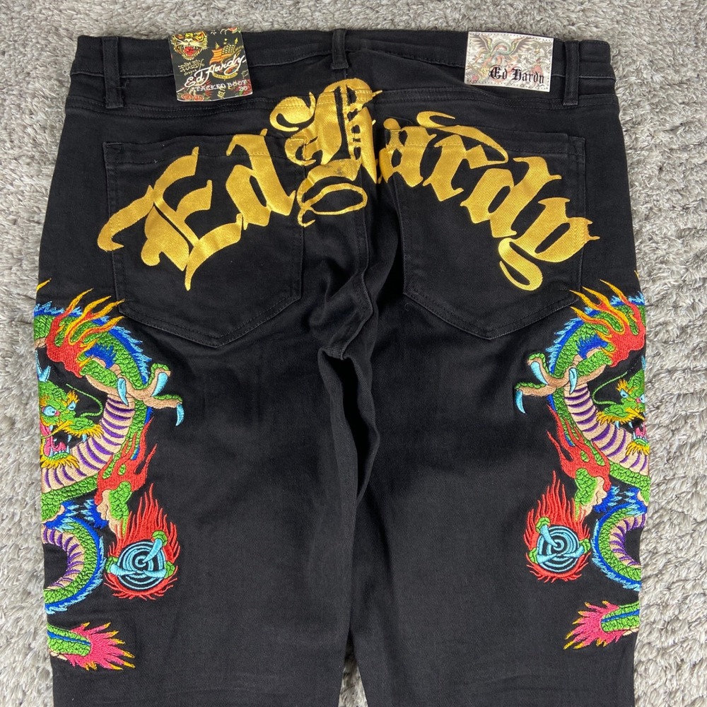 Ed Hardy Dragon Stacked Bootcut Jeans Men 36 Black Streetwear Stretch Tattoo Y2k